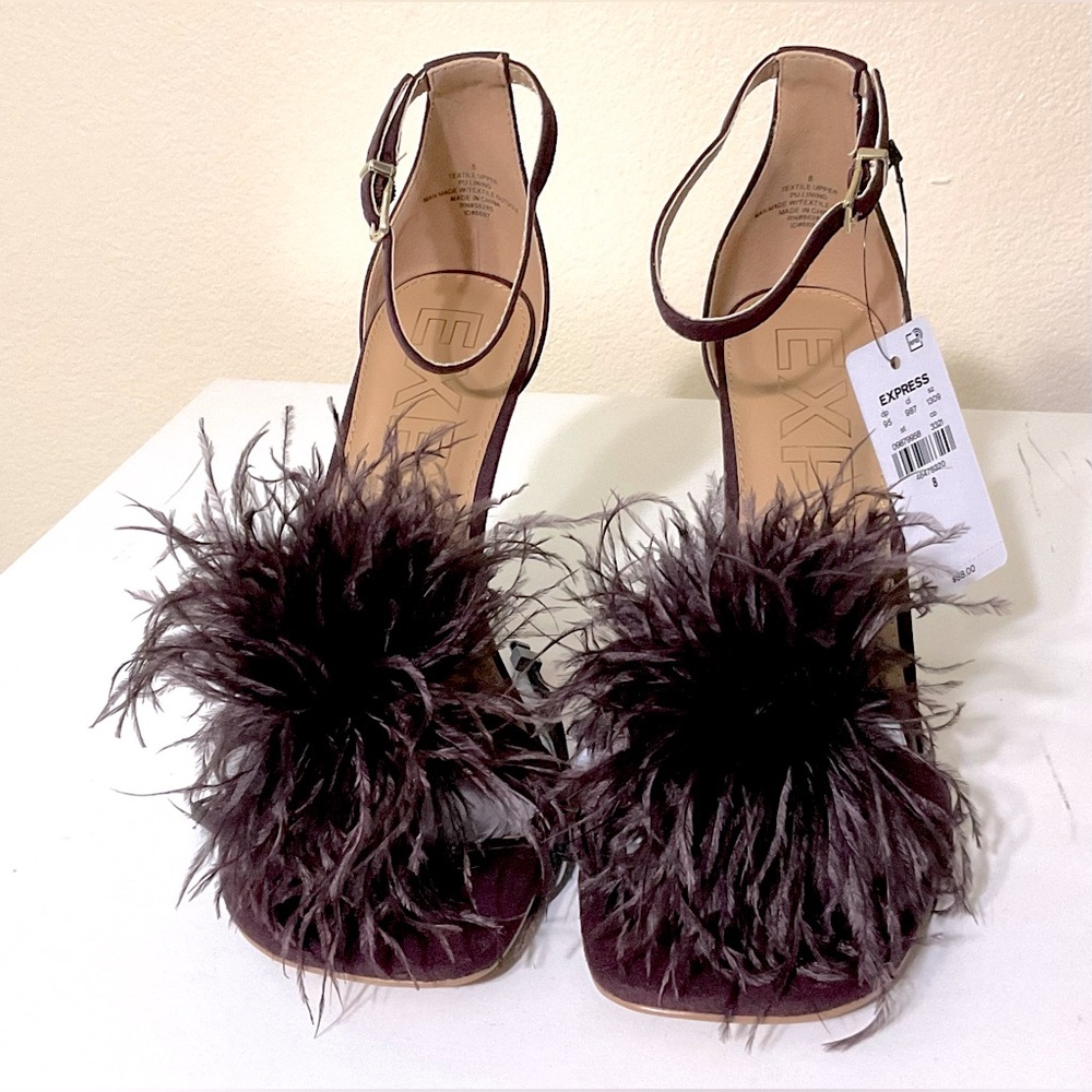 Express Feather Heeled Sandals Wine 8 - Picture 1 of 8